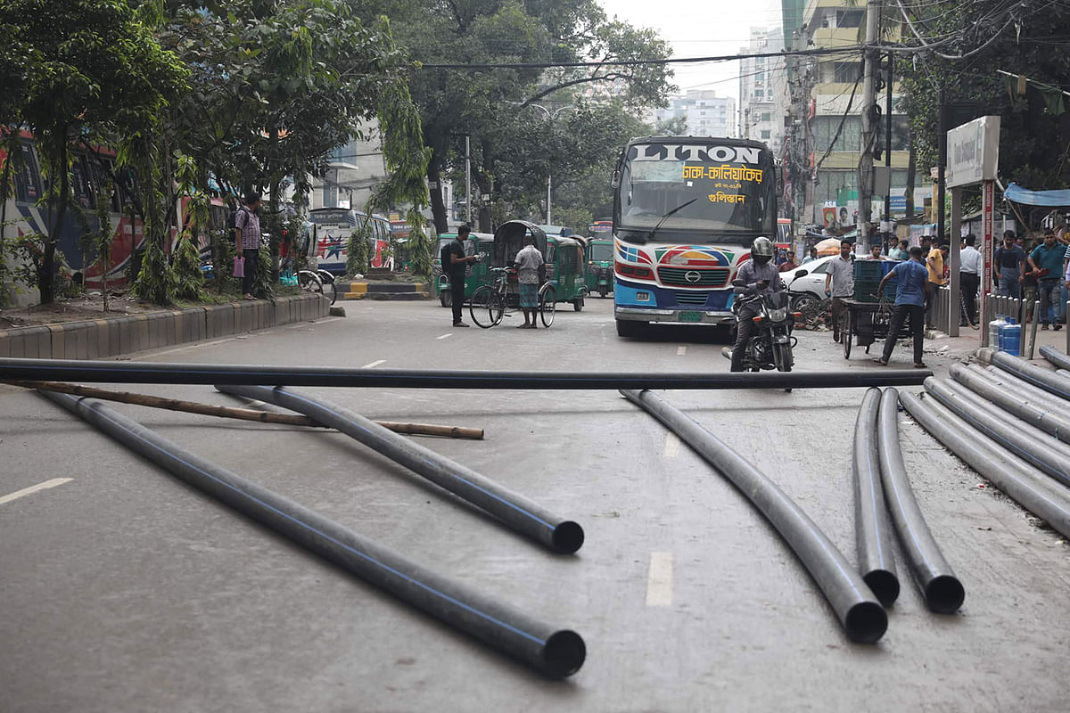 Scattered pipes seen along the road during a hartal against the recent gas price hike. Paltan, Dhaka on 7 July 2019. Photo: Saiful Islam