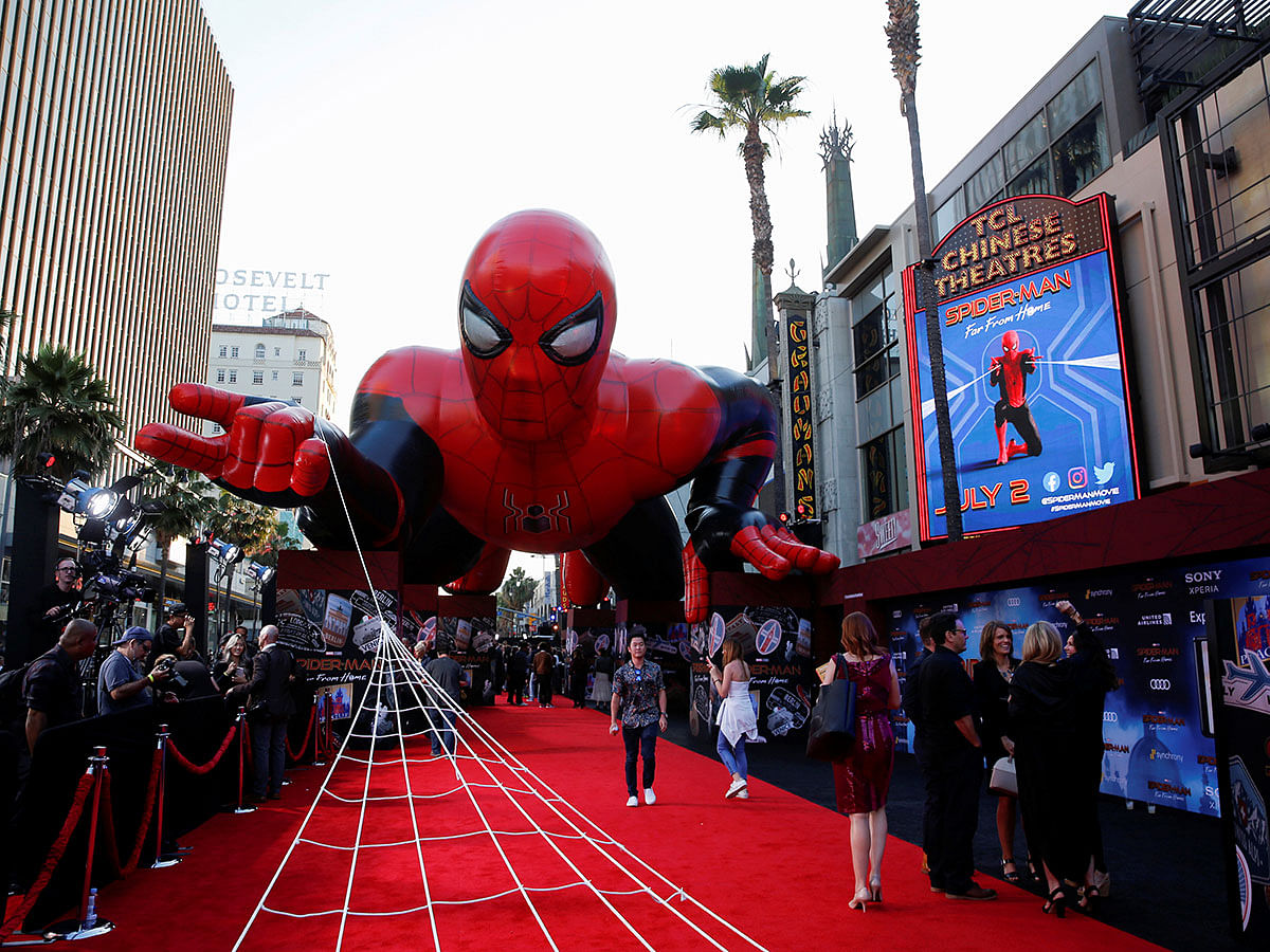 A giant spider-man balloon is seen above the red carpet along a closed Hollywood Blvd. outside the TCL Chinese Theatre for the World Premiere of Marvel Studios` `Spider-man: Far From Home` in Los Angeles, California, US, on 26 June, 2019. Photo: Reuters