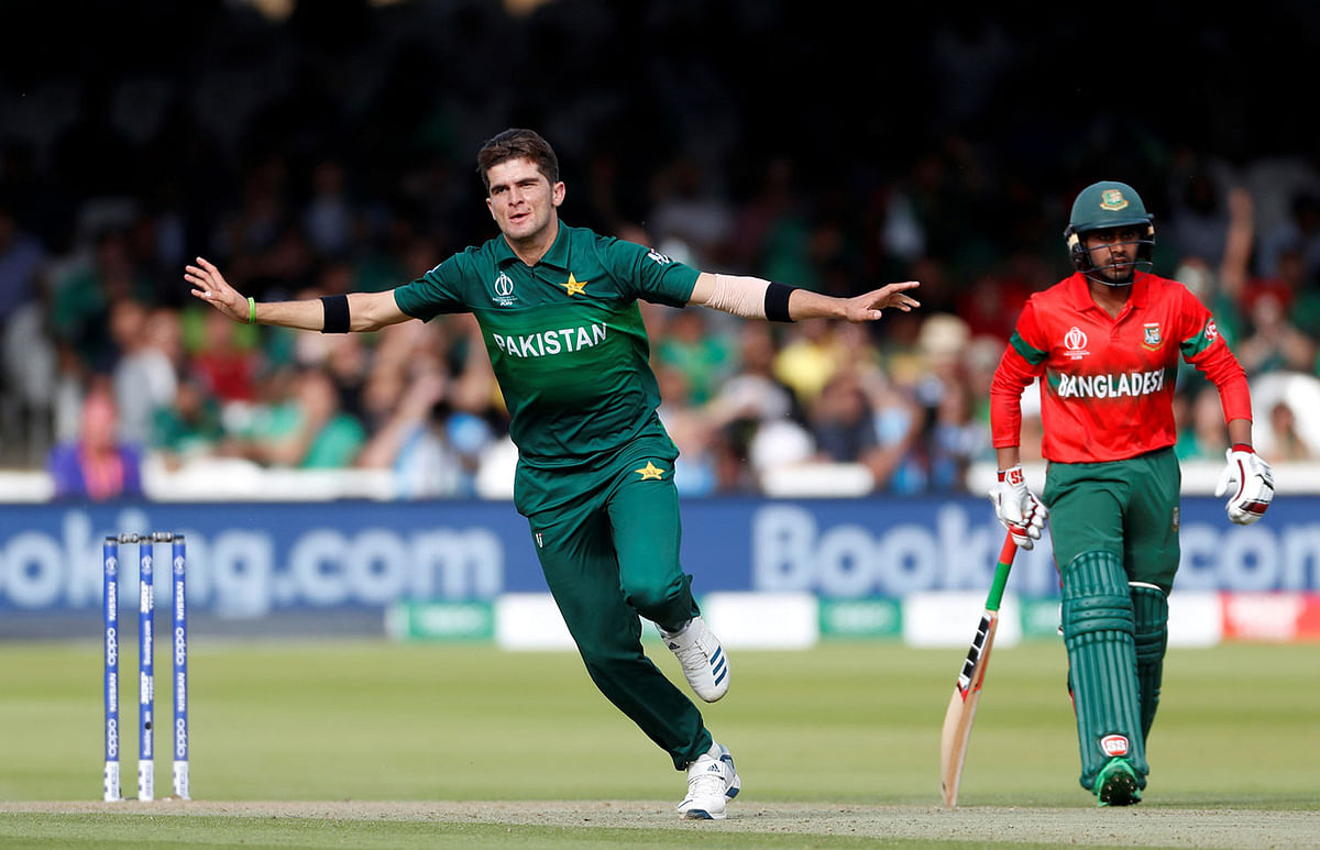 Pakistan`s Shaheen Afridi celebrates taking the wicket of Bangladesh`s Mahmudullah in the ICC Cricket World Cup match against Bangladesh at Lord`s, London, Britain on 5 July 2019. Photo: Reuters