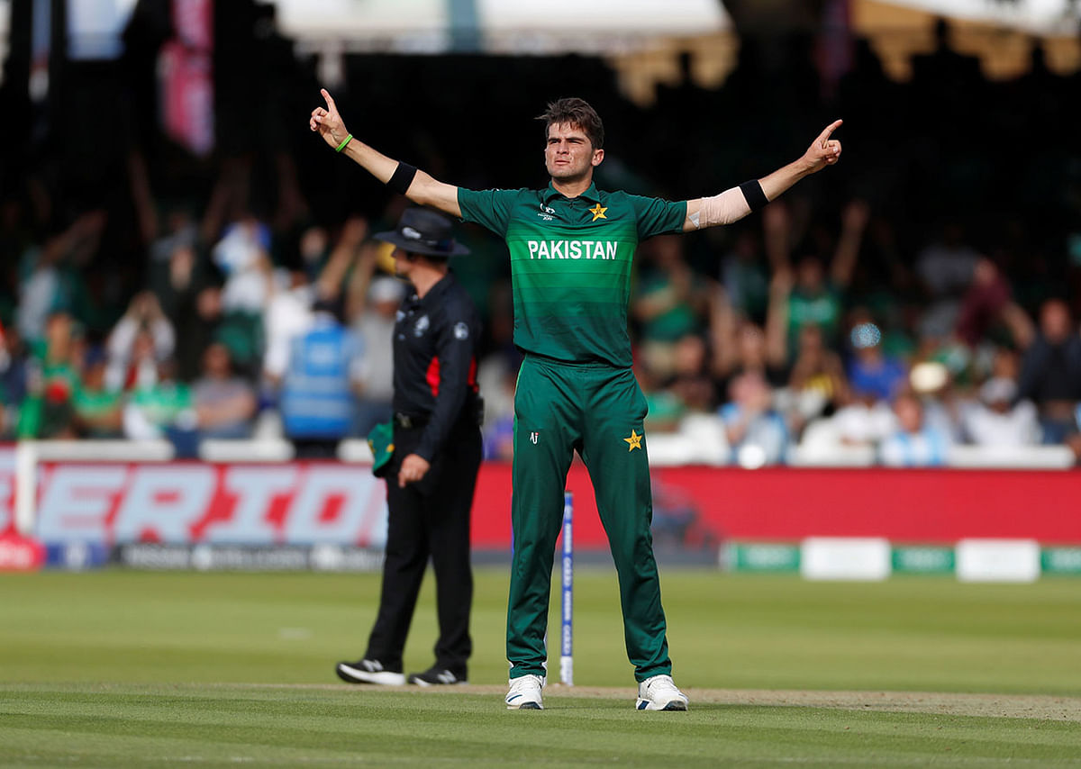 Pakistan`s Shaheen Shah Afridi celebrates a wicket in the 2019 Cricket World Cup group stage match between Pakistan and Bangladesh at Lord`s Cricket Ground in London on 5 July 2019. Photo: Reuters