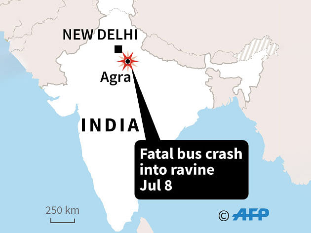 Map of India locating a bus crash near Agra that killed at least 29 people on Monday, according to police. AFP
