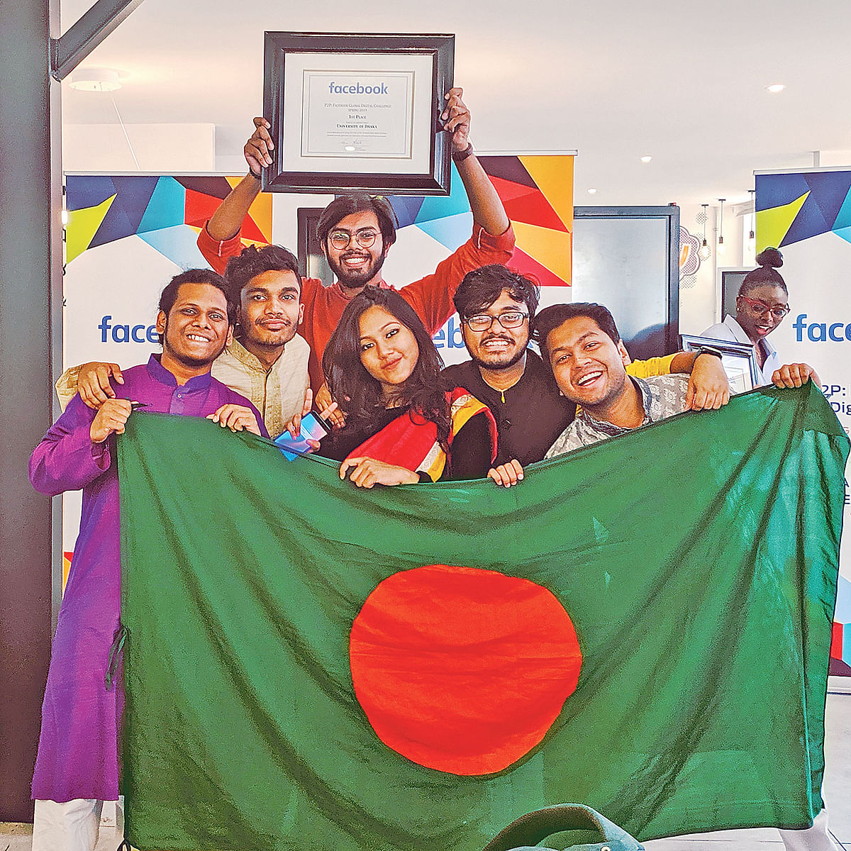 Dhaka University students who have won Peer to Peer – Facebook Digital Challenge recently. Photo: Collected