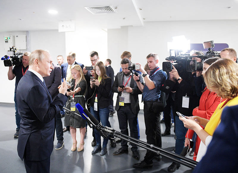 Russia`s president Vladimir Putin makes comments on the country`s bilateral relations with Georgia as he attends the Global Manufacturing and Industrialisation Summit (GMIS) in Yekaterinburg, Russia on 9 July 2019. Photo: Reuters