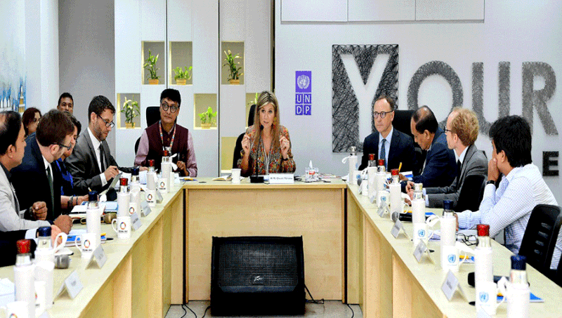 Queen Maxima speaks at a views-exchange meeting with development partners and financial technology (Fintech) sector at the UN offices on Wednesday. Photo: UNB