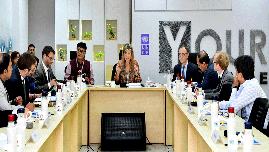 Queen Maxima speaks at a views-exchange meeting with development partners and financial technology (Fintech) sector at the UN offices on Wednesday. Photo: UNB