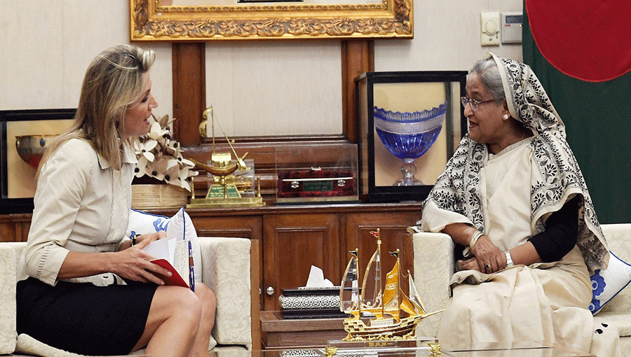 Dutch Queen Maxima meets prime minister Sheikh Hasina at her official residence Ganabhaban on Wednesday. Photo: PID