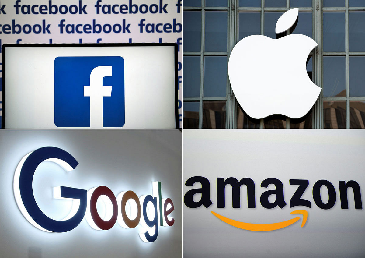 This combination of pictures created on 10 July 2019 shows a Facebook logo on 4 July 2019 in Nantes, an Apple logo in San Francisco on 7 September 2016, a Google logo in China`s Chongqing on 23 August 2018, and an Amazon logo in New York on 28 September 2011. Photo: AFP