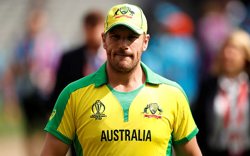 Australia’s Aaron Finch after the coin toss before the ICC Cricket World Cup Semi-final match against England at Edgbaston, Birmingham, Britain on 11 July 2019. Photo: Reuters