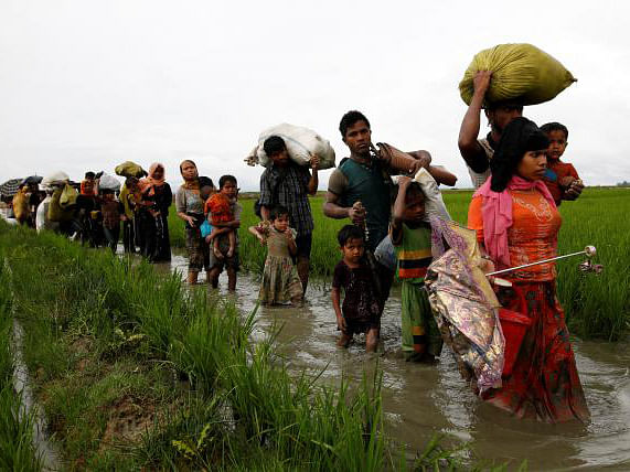 A group of Rohingya refugee people walk in the water after crossing the Bangladesh-Myanmar border in Teknaf. Photo: Reuters