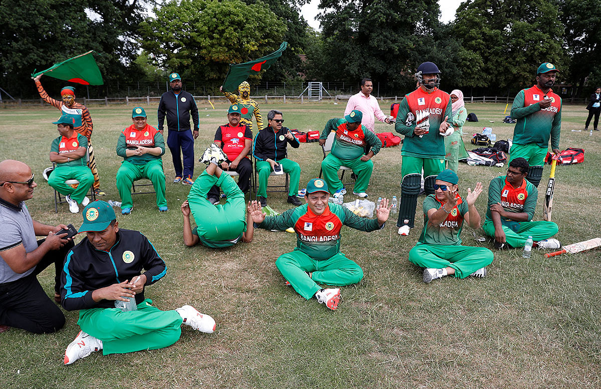 Bangladesh players during the warm up match against Afghanistan at Teddington Cricket Club, Bushy Park, Teddington, Britain on 9 July 2019. Photo: Reuters