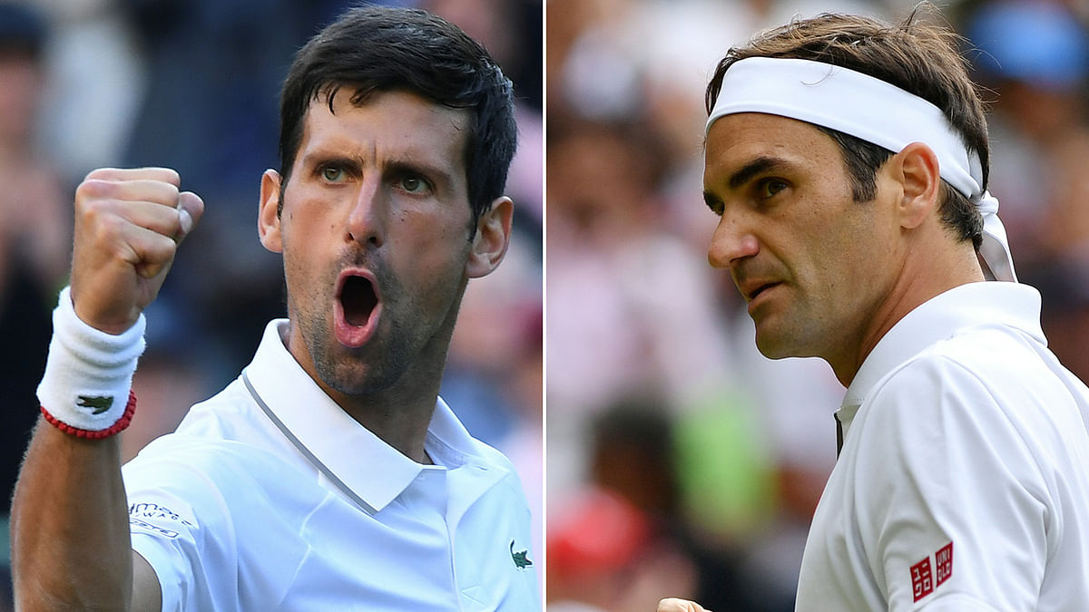 This combination of pictures created on 13 July 2019 shows Serbia`s Novak Djokovic (L) celebrates during his men`s singles second round match on the third day of the 2019 Wimbledon Championships on 3 July 2019 and Switzerland`s Roger Federer celebrating after winning a point during his men`s singles third round match on the sixth day of the 2019 Wimbledon Championships on 6 July 2019 in Wimbledon, southwest London. Photo: AFP