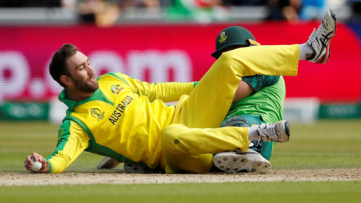 Australia`s Glenn Maxwell in action with South Africa`s Faf du Plessis in the ICC Cricket World Cup match at Old Trafford, Manchester, Britain on 6 July 2019. Reuters File Photo