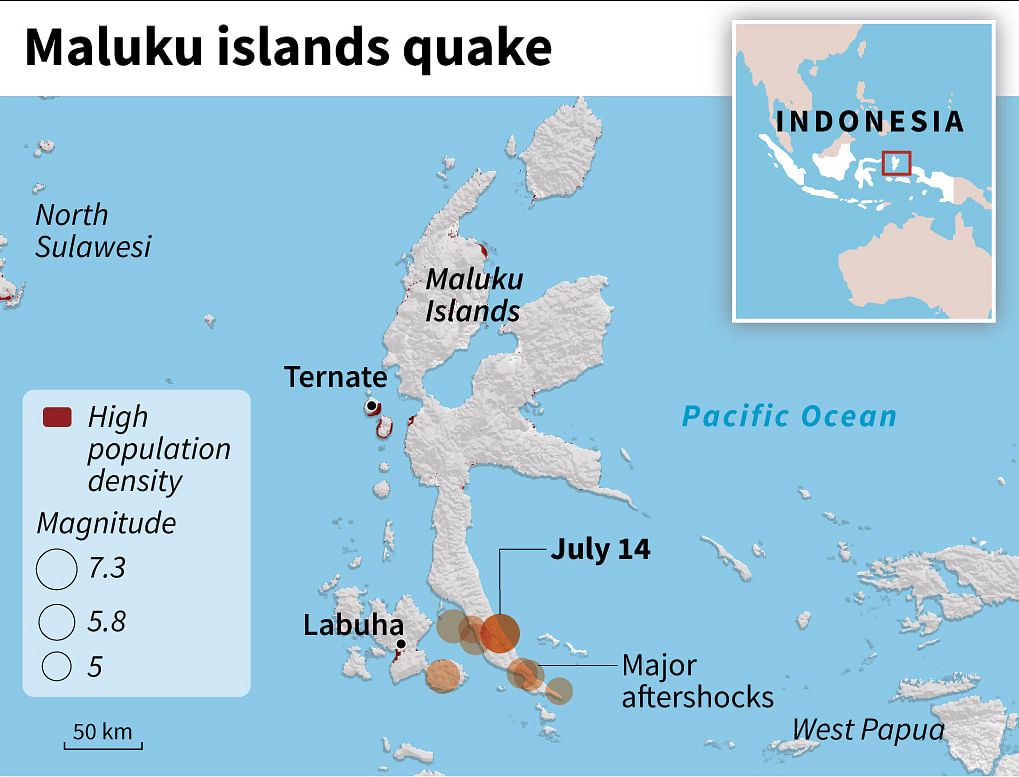 Map of Indonesia`s Maluku islands, which was hit by a 7.3-magnitude quake and aftershocks Sunday. Illustration: AFP