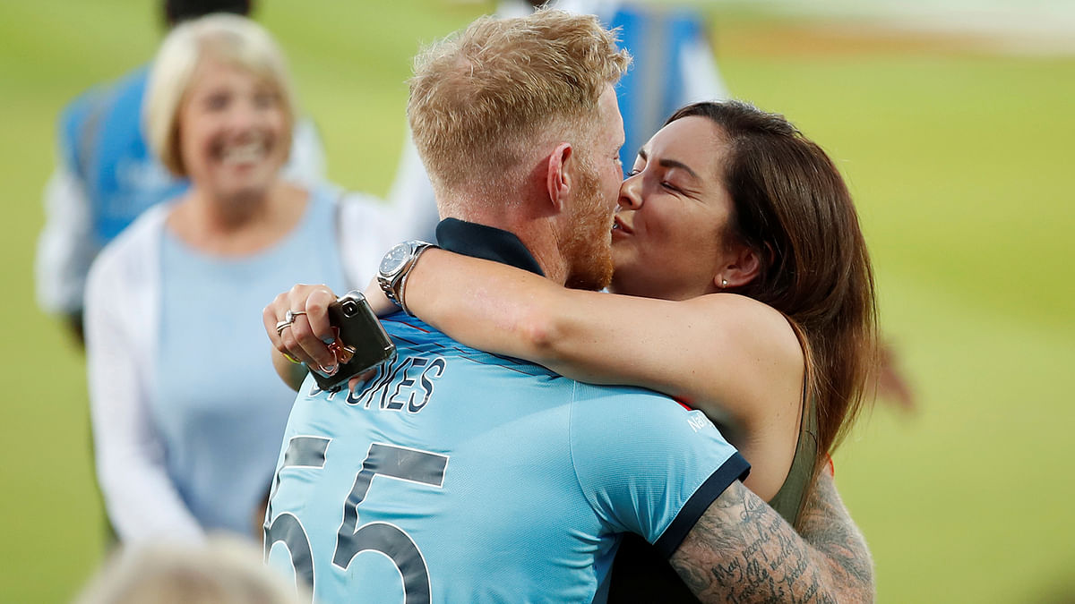 England`s Ben Stokes celebrates with partner Clare after winning the World Cup at Lord`s in London, Britain on 14 July, 2019. Photo: Reuters