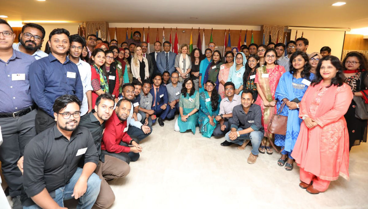 The European Union delegation members take part in the photo session with the 78 Bangladeshi students who get Erasmus+ scholarship for the academic year 2019-20. Photo: UNB