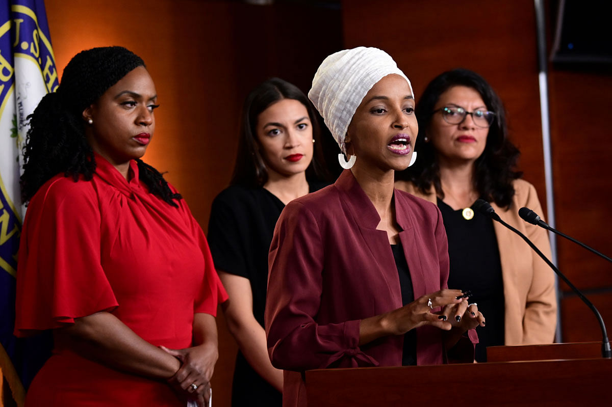 US Reps Ayanna Pressley (D-MA), Ilhan Omar (D-MN), Alexandria Ocasio-Cortez (D-NY) and Rashida Tlaib (D-MI) hold a news conference after Democrats in the US Congress moved to formally condemn president Donald Trump`s attacks on the four minority congresswomen on Capitol Hill in Washington, US, on 15 July, 2019. Photo:
