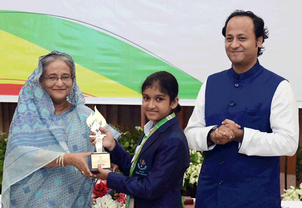 Prime minister Sheikh Hasina hands over awards to 12 meritorious students selected at the national level through Creative Merit Searching Competition-2019 across the country at her official residence Ganabhaban. Photo: PID