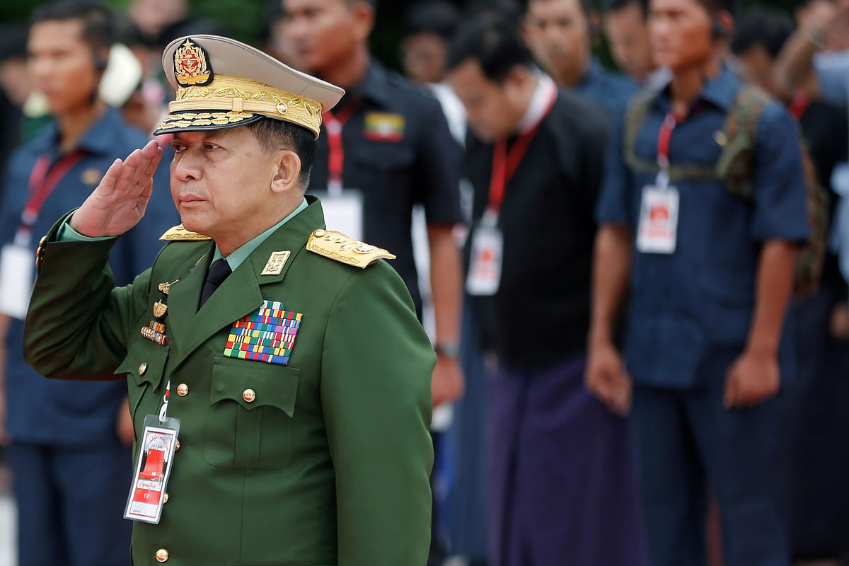 Myanmar`s commander in chief Senior General Min Aung Hlaing salutes as he attends an event marking Martyrs` Day at Martyrs` Mausoleum in Yangon, Myanmar on 19 July 2018.Photo: Reuters