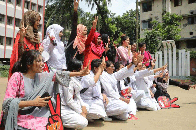 Students of Ideal School and College, Motijheel, Dhaka celebrate their HSC results published on 17 July. Photo: Abdus Salam