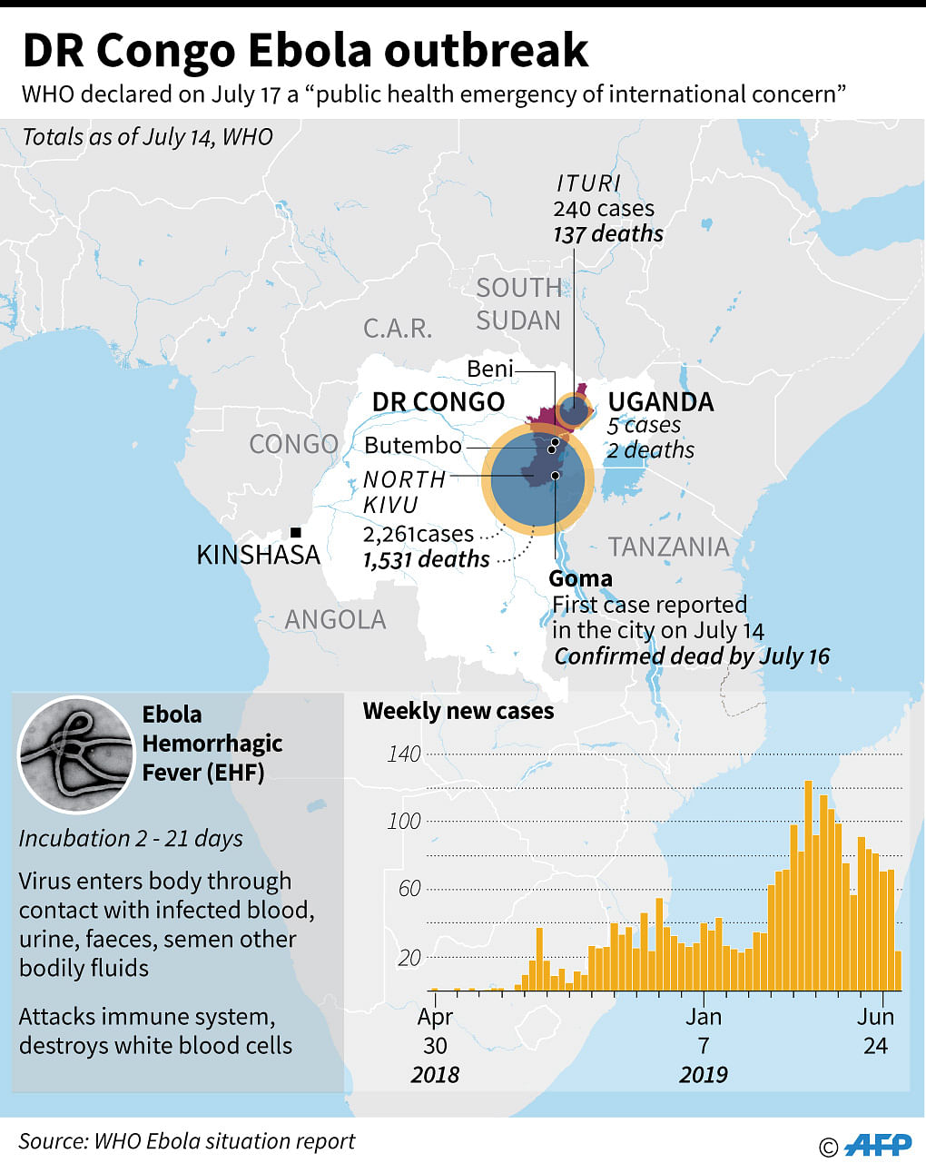 Factfile on the Ebola outbreak in DR Congo that has left hundreds of people dead since April 2018. Photo: AFP