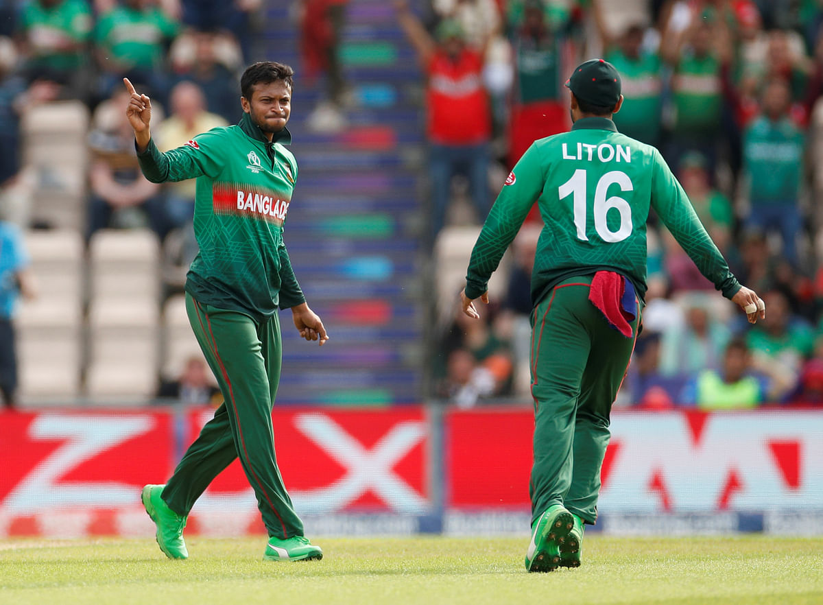 Bangladesh`s Shakib Al Hasan celebrates after taking the wicket of Afghanistan`s Mohammad Nabi in the ICC Cricket World Cup match at The Ageas Bowl, Southampton, Britain on 24 June 2019. Reuters File Reuters