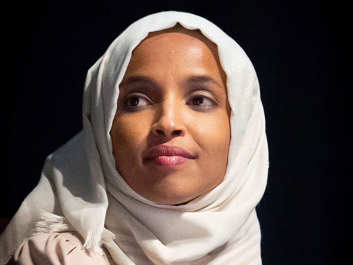 US Representative Ilhan Omar (D-MN) speaks on stage during a town hall meeting at Sabathani Community in Minneapolis, Minnesota on 18 July. Photo: AFP