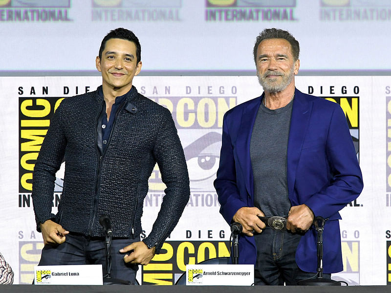 Gabriel Luna and Arnold Schwarzenegger speak at the `Terminator: Dark Fate` panel during 2019 Comic-Con International at San Diego Convention Center on 18 July in San Diego, California. Photo: AFP