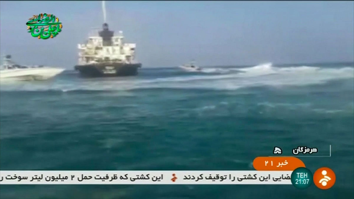 An image grab taken from a video released by the Iranian Revolutionary Guards on 18 July 2019, reportedly shows the Panamanian-flagged tanker Riah, that was detained by Iran`s Revolutionary Guards, in the highly sensitive Strait of Hormuz. Photo: AFP