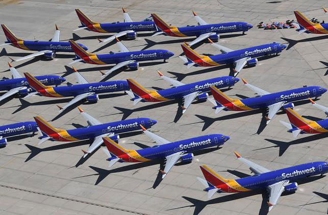 In this file photo taken on 28 March 2019 Southwest Airlines Boeing 737 MAX aircraft are parked on the tarmac after being grounded, at the Southern California Logistics Airport in Victorville, California. Photo: AFP