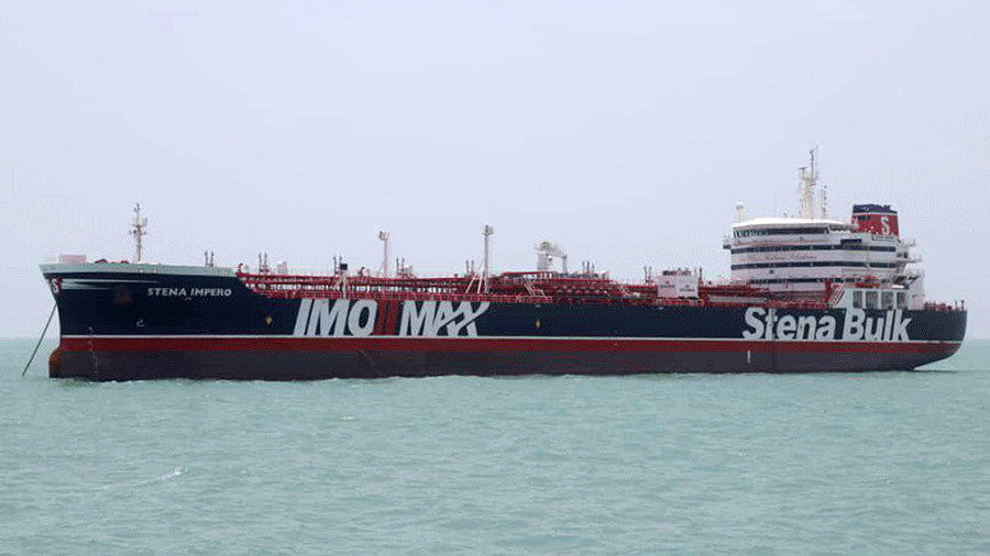 This handout picture released by Tasnim News Agency on 20 July, 2019, shows British-flagged tanker Stena Impero anchored in Bandar Abbas in southern Iran. Photo: AFP