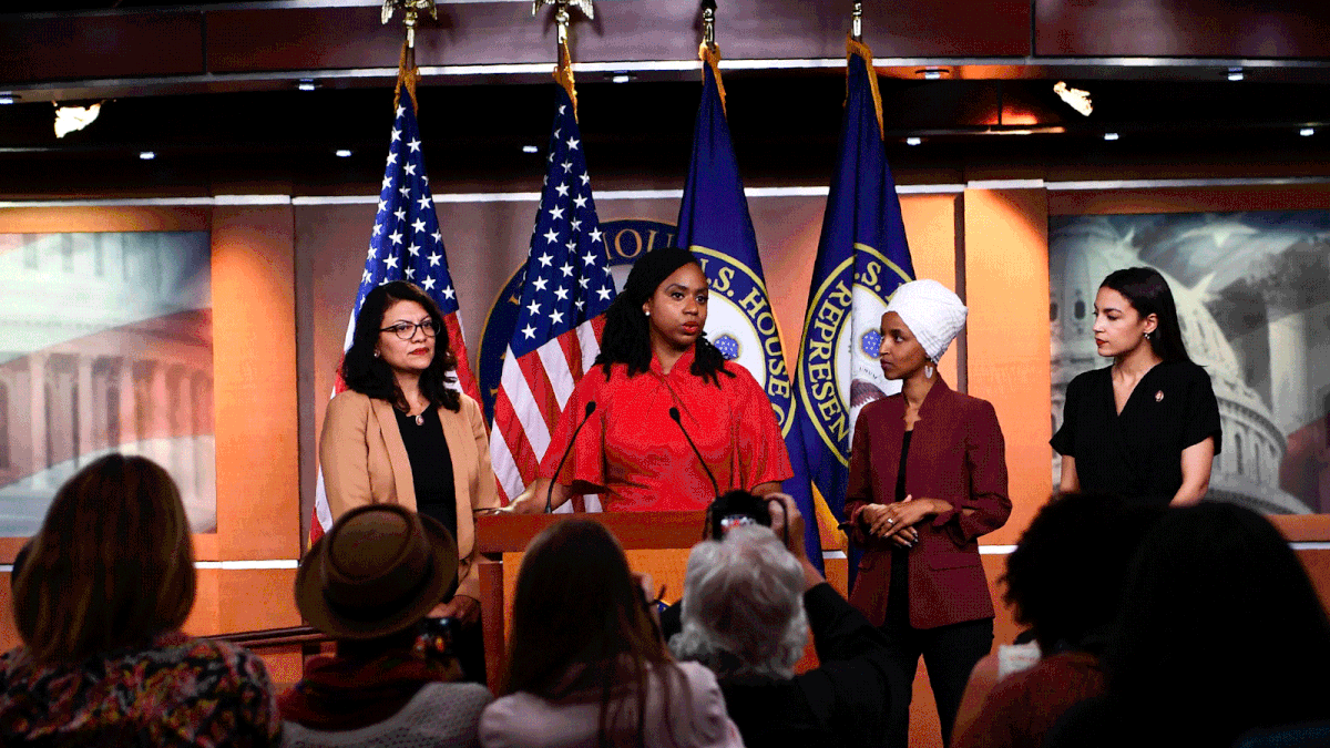 In this file photo taken on 15 July, 2019 US Representatives Ayanna Pressley (D-MA) speaks as, Ilhan Abdullahi Omar (D-MN)(L), Rashida Tlaib (D-MI) (2R), and Alexandria Ocasio-Cortez (D-NY) hold a press conference, to address remarks made by US President Donald Trump earlier in the day, at the US Capitol in Washington, DC. Photo: AFP