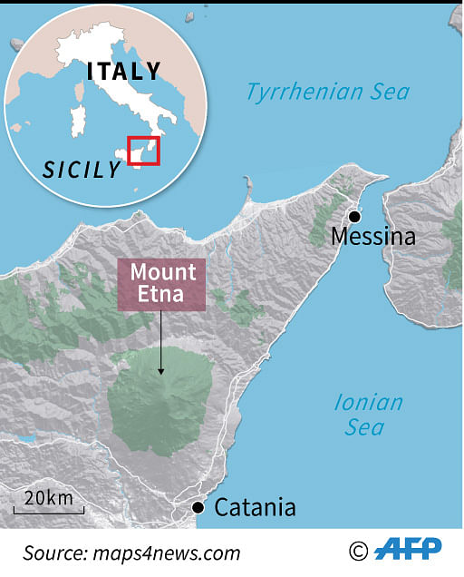 Map locating Mount Etna in Sicily, Europe`s most active volcano. Photo: AFP