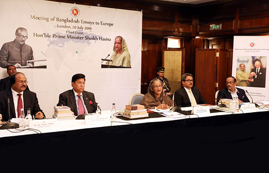 Prime minister Sheikh Hasina addresses as the chief guest at the Envoys` Conference in London on Saturday. Photo: BSS