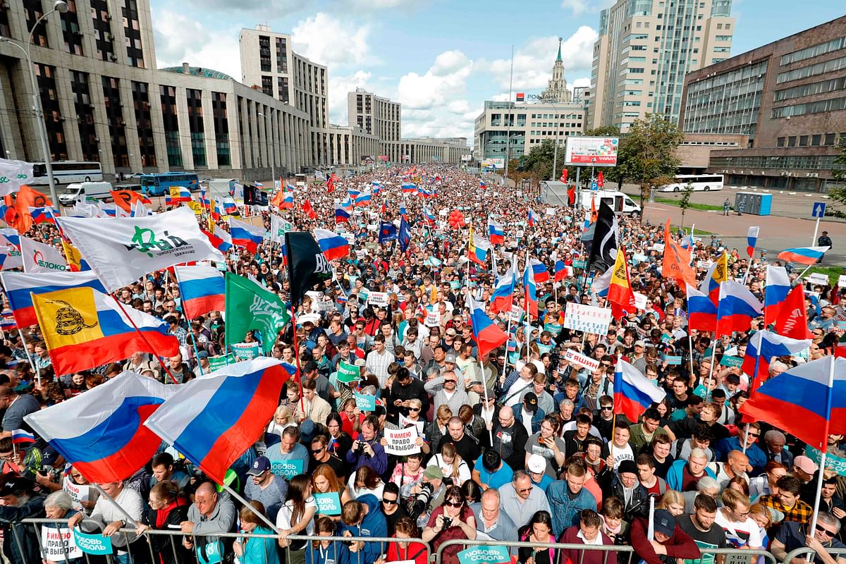 Demonstrators take part in a rally to support opposition and independent candidates after authorities refused to register them for September elections to the Moscow City Duma, Moscow, on 20 July 2019. Photo: AFP