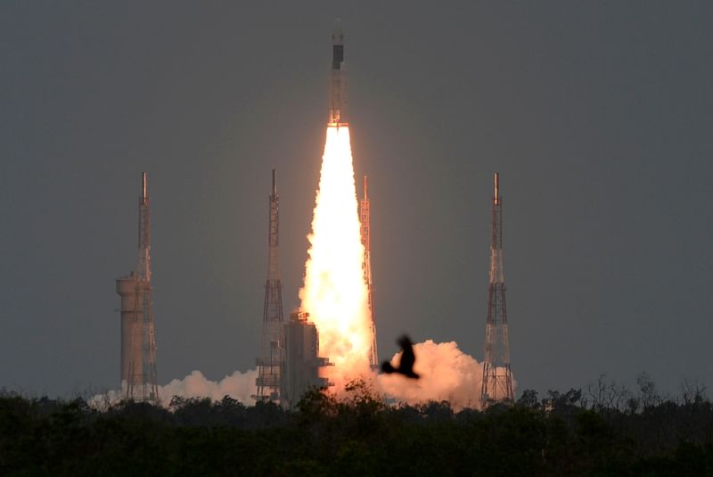 A television grab shows the launch of Chandrayaan - Moon Chariot 2 at the Satish Dhawan Space Centre in Sriharikota, an island off the coast of southern Andhra Pradesh state, in New Delhi on 22 July 2019. Photo: AFP