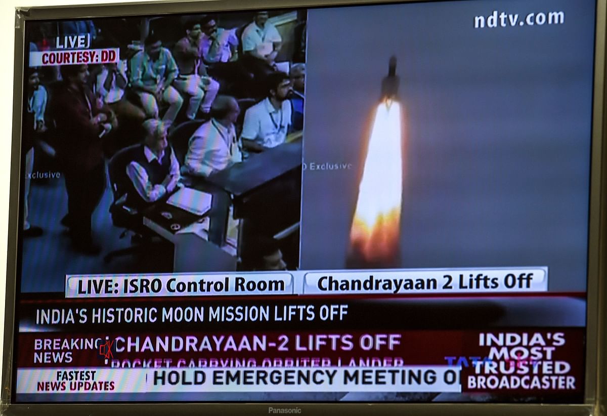 A television grab shows the launch of Chandrayaan - Moon Chariot 2 at the Satish Dhawan Space Centre in Sriharikota, an island off the coast of southern Andhra Pradesh state, in New Delhi on 22 July 2019. Photo: AFP