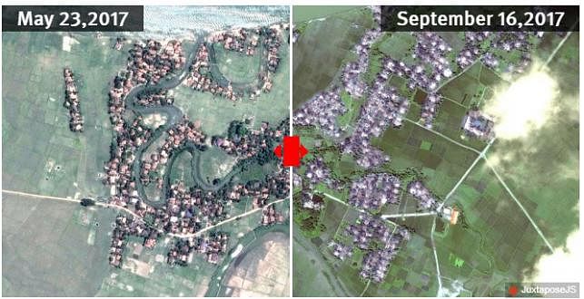 Satellite imagery recorded before and after the destruction of Myar Zin village. Photo: DigitalGlobe