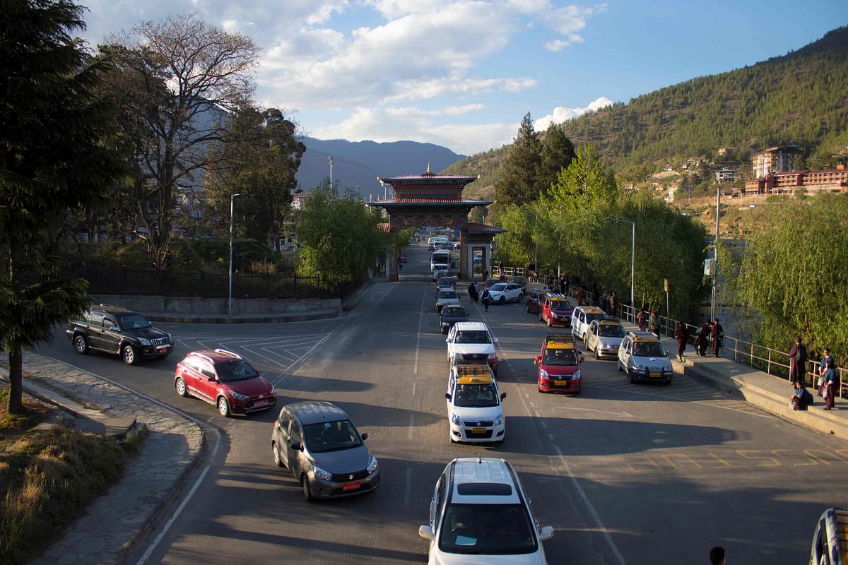 This photo taken on 19 April 2019 shows traffic backed up on a road in Bhutan`s capital Thimphu. Famed for valuing Gross National Happiness over economic growth, Bhutan was a poster child for sustainable development, but a boom in car sales may jeopardise its rare status as a carbon negative country. Photo: AFP