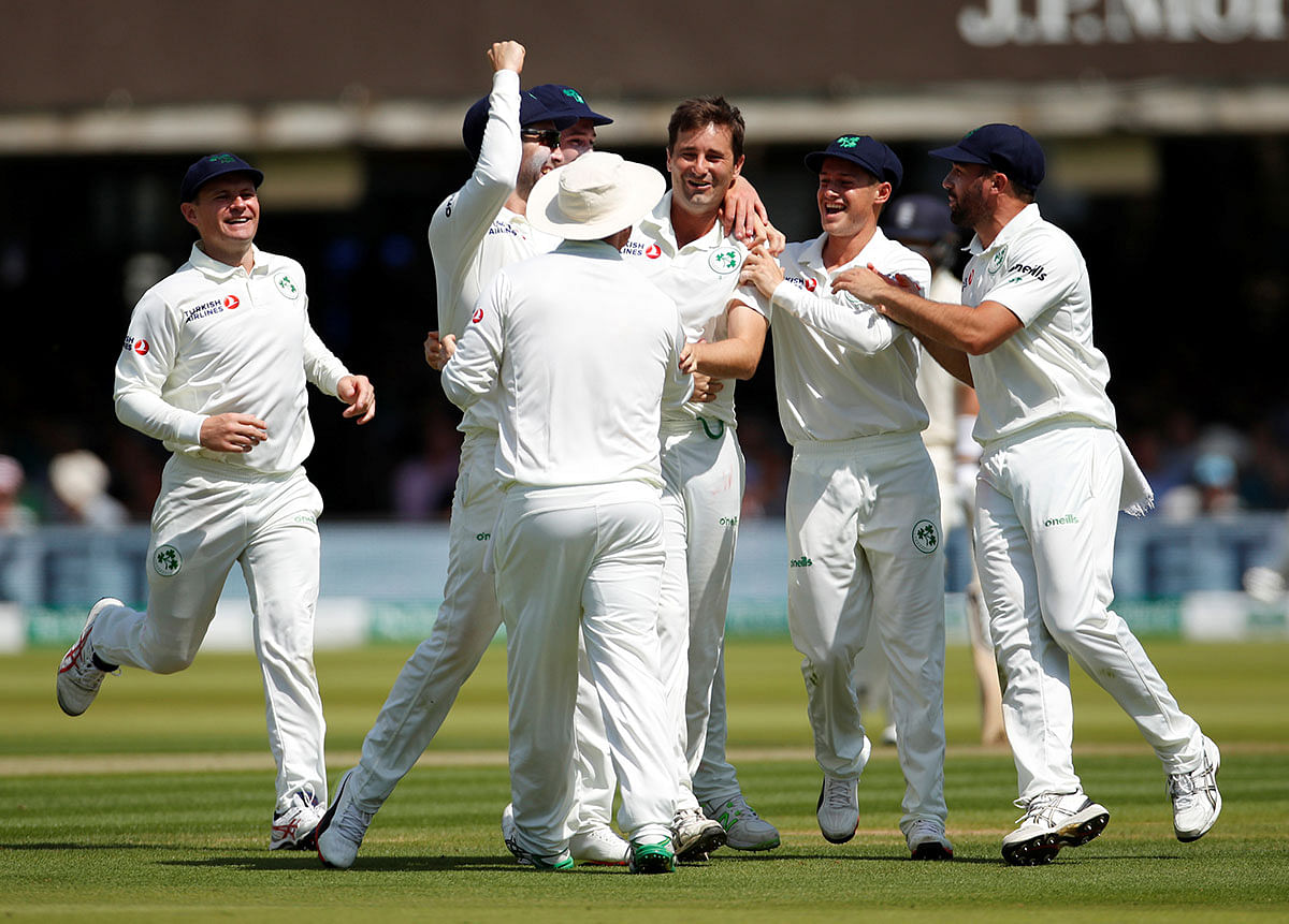 Ireland`s Tim Murtagh celebrates taking the wicket of England`s Moeen Ali in the Test Match against England at Lord`s Cricket Ground, London, Britain on 24 July 2019. Photo: Reuters