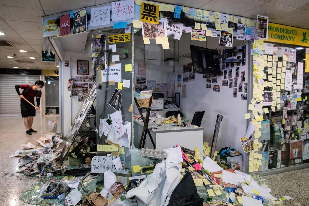 This file photo taken on 22 July 2019 shows the office of pro-Beijing government lawmaker Junius Ho after protesters thrashed the premises in Hong Kong`s Tsuen Wan district, one day after Ho was filmed shaking hands with suspected pro-government triad gangsters believed to be in the vicinity of attacks on pro-democracy protesters at a train station upon their return from demonstrations earlier in the day. Photo: AFP