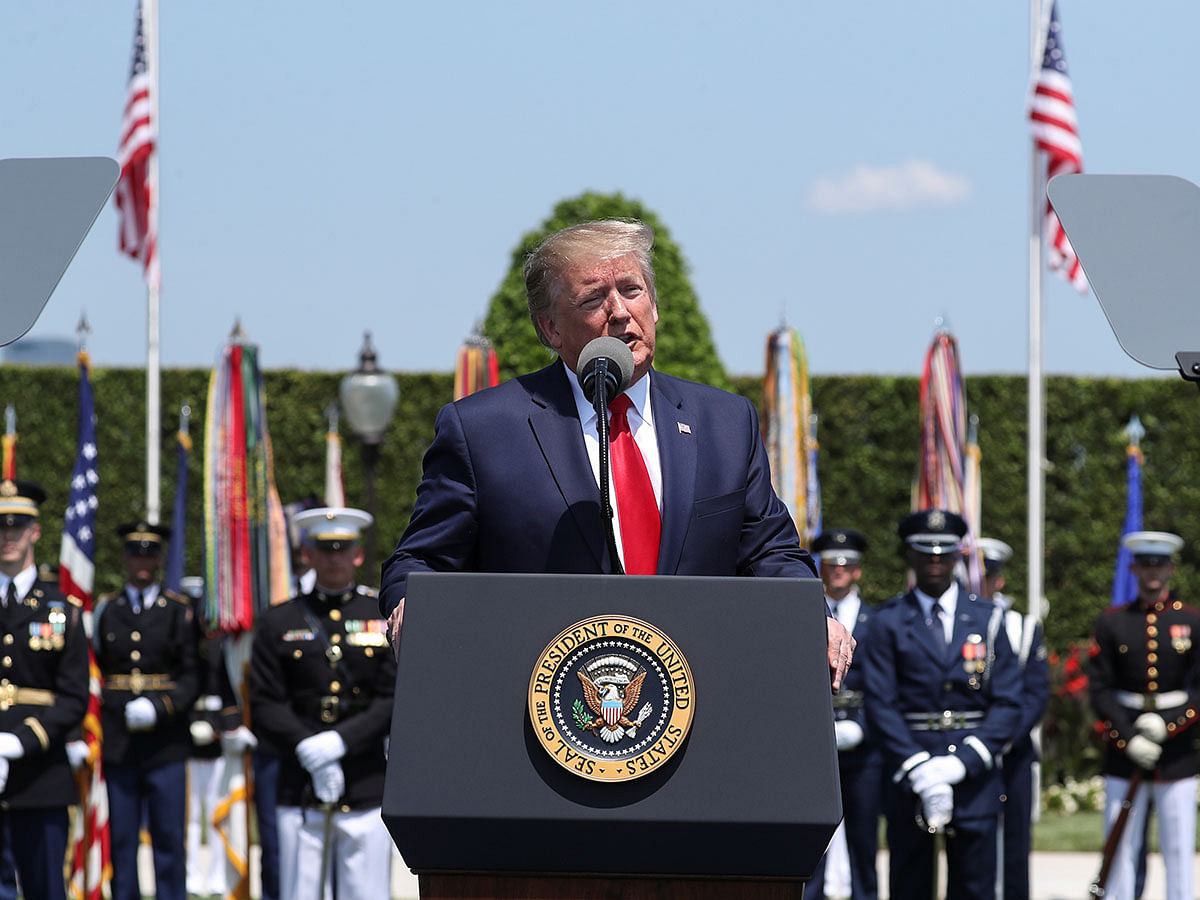 US president Donald Trump speaks during a full honours welcome ceremony for Defence Secretary Mark Esper at the Pentagon in Arlington, Virginia, US, on 25 July 2019. Photo: Reuters
