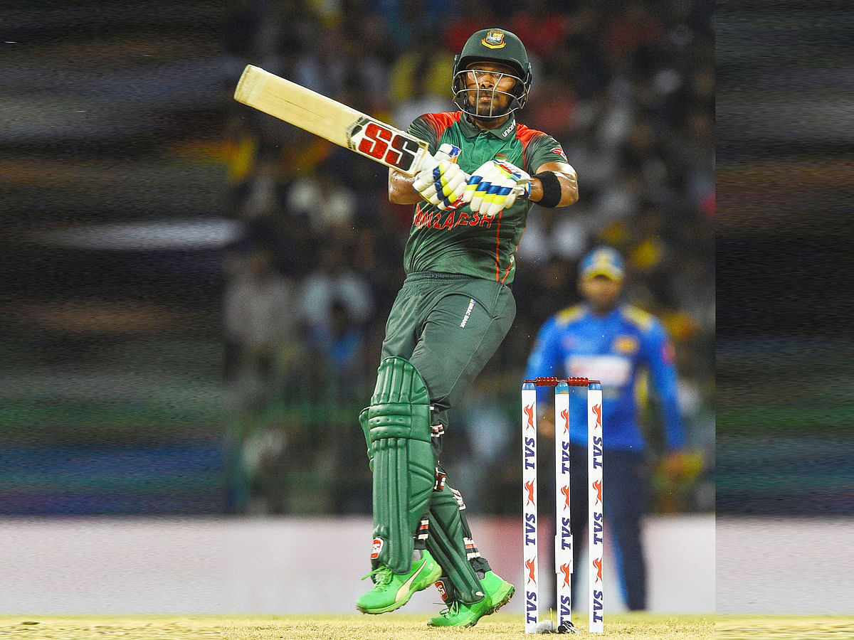 Bangladeshi cricketer Sabbir Rahman plays a shot during the first One Day International (ODI) cricket match between Sri Lanka and Bangladesh at the R.Premadasa Stadium in Colombo on 26 July 2019. Photo: AFP