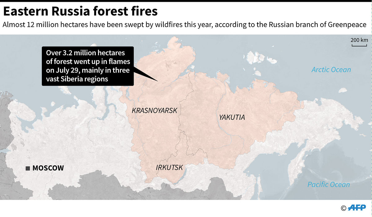 Map of Russia, highlighting Yakutia, Krasnoyarsk and Irkutsk regions where more than 3.2 million hectares of forest went up in flames on Monday. Photo: AFP