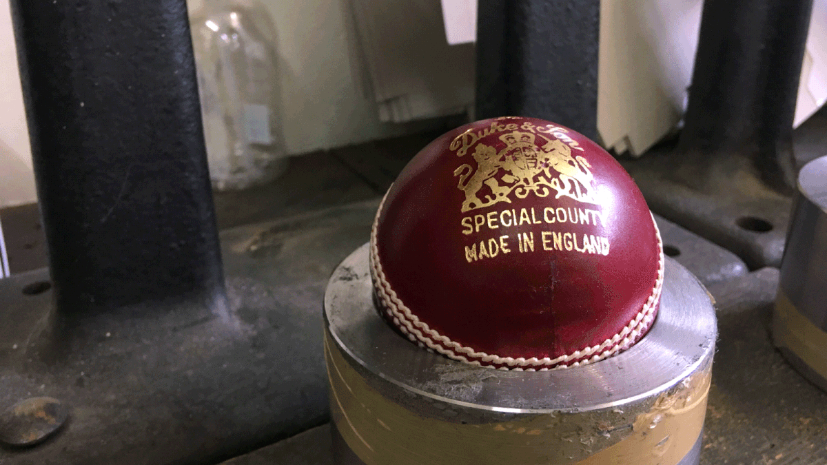 A Dukes ball in the final stage of production at the British Cricket Balls Ltd in Walthamstow, London, Britain on 31 July 2019. Photo: Reuters