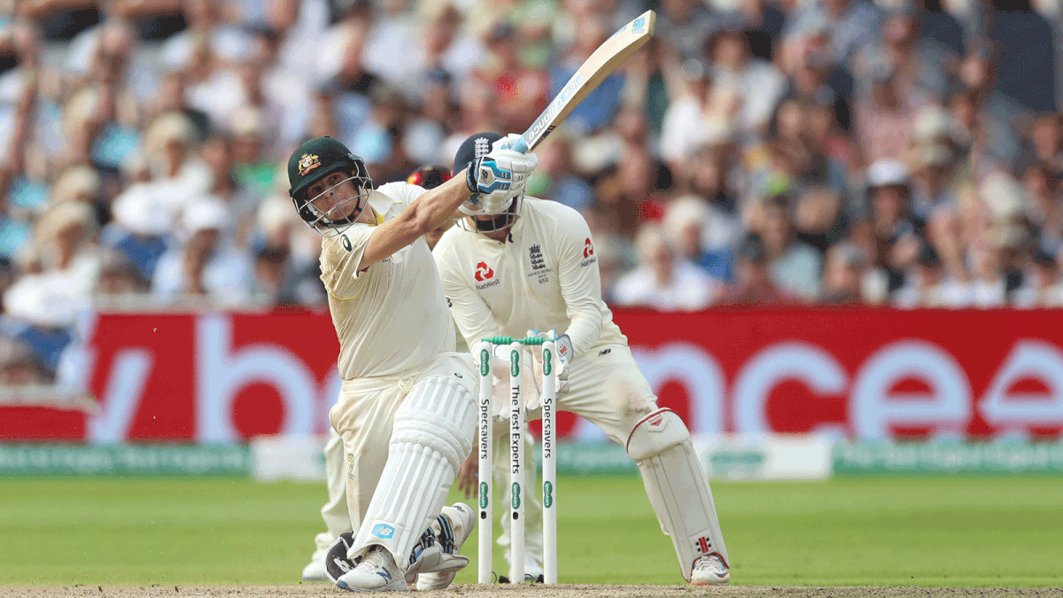 Australia`s Steve Smith hits a six in the first innings of First Ashes Test at Edgbaston, Birmingham, Britain on 1 August 2019. Photo: Reuters