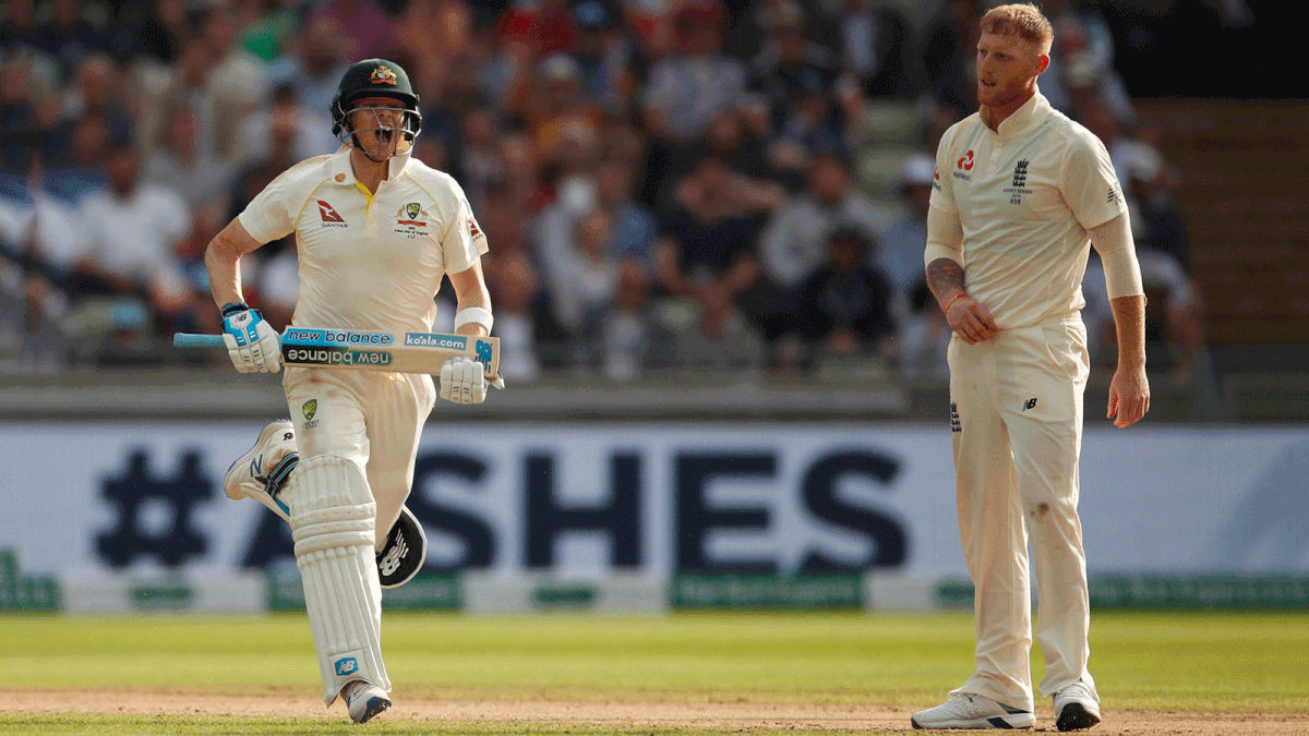 Australia`s Steve Smith in action as he reaches his century in the first innings of First Ashes Test at Edgbaston, Birmingham, Britain on 1 August 2019. Photo: Reuters