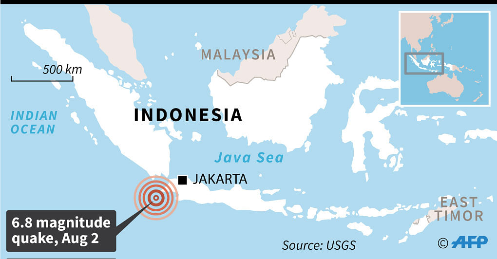 Map locating the 6.8 magnitude earthquake in Indonesia on 2 August, according to USGS. Illustration: AFP