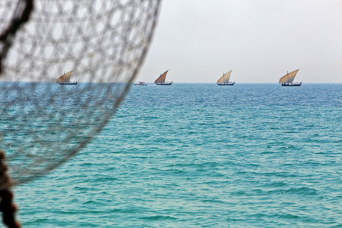 Pearl diving boats arrive for the annual pearl diving season on 30 July 2019 off the coast of the port city of Khairan, 100 kms (62miles) south of Kuwait City. Photo: AFP