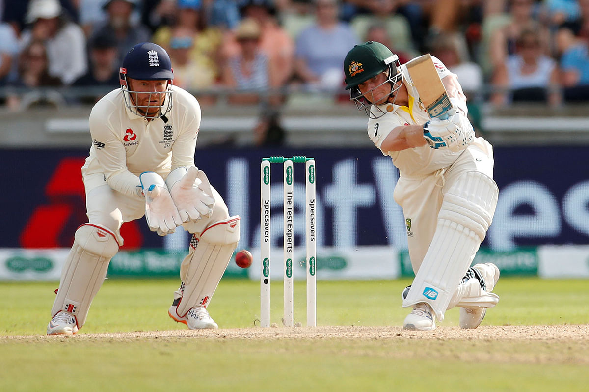 Australia`s Steve Smith in action as England`s Jonny Bairstow looks on in the first Ashes Test at Edgbaston, Birmingham, Britain on 3 August 2019. Photo: Reuters