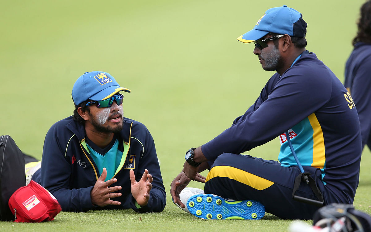 Sri Lanka’s Angelo Mathews ® and Dinesh Chandimal (L) during nets. Reuters File Photo